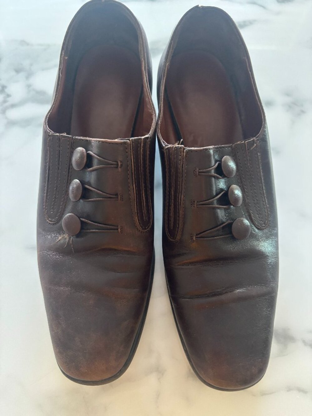 Sudini Brown Leather Button Detail Slip On Block Heel Dress Shoe Italy Size 7